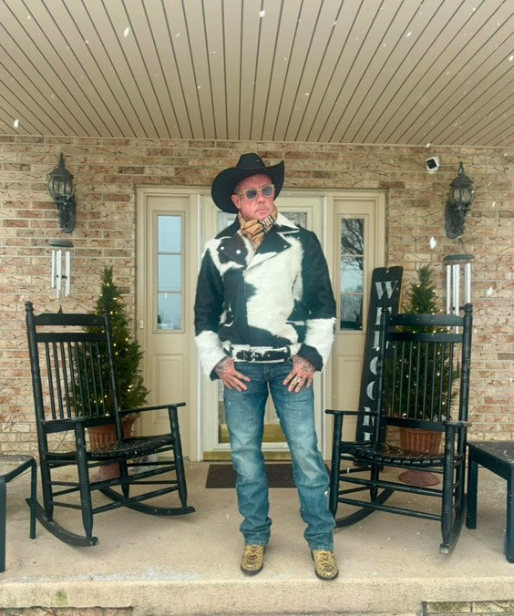 Black and white hair on cowhide biker jacket