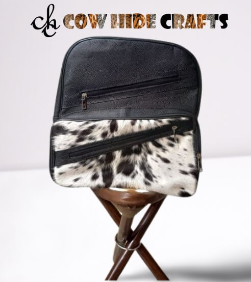 Black white cowhide camping bag top zipper and outside pockets