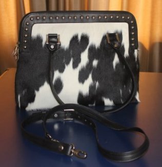 Black white cowhide bag dual handles long strap