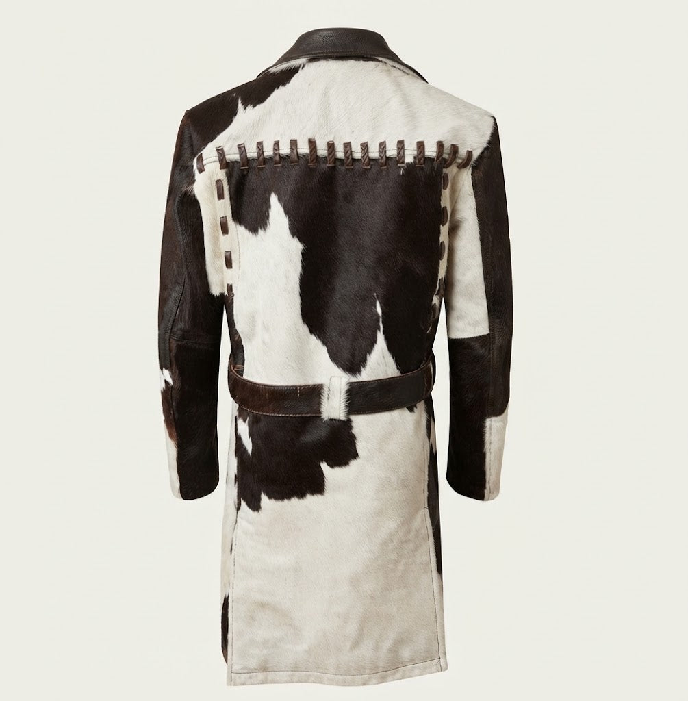 Back view of black and white cowhide duster coat