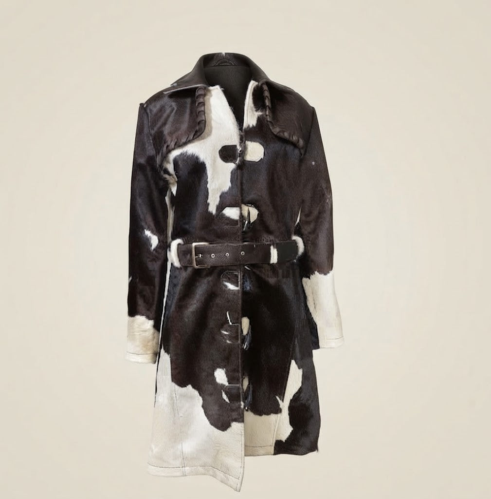 Black and white cowhide duster coat front view