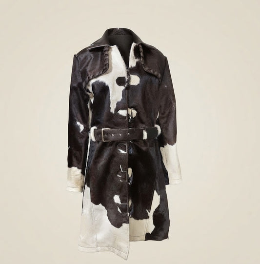 Black and white cowhide duster coat front view