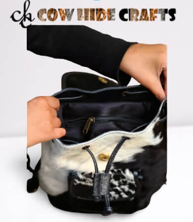 Cowhide Drawstring Backpack – Black White Hair Flap