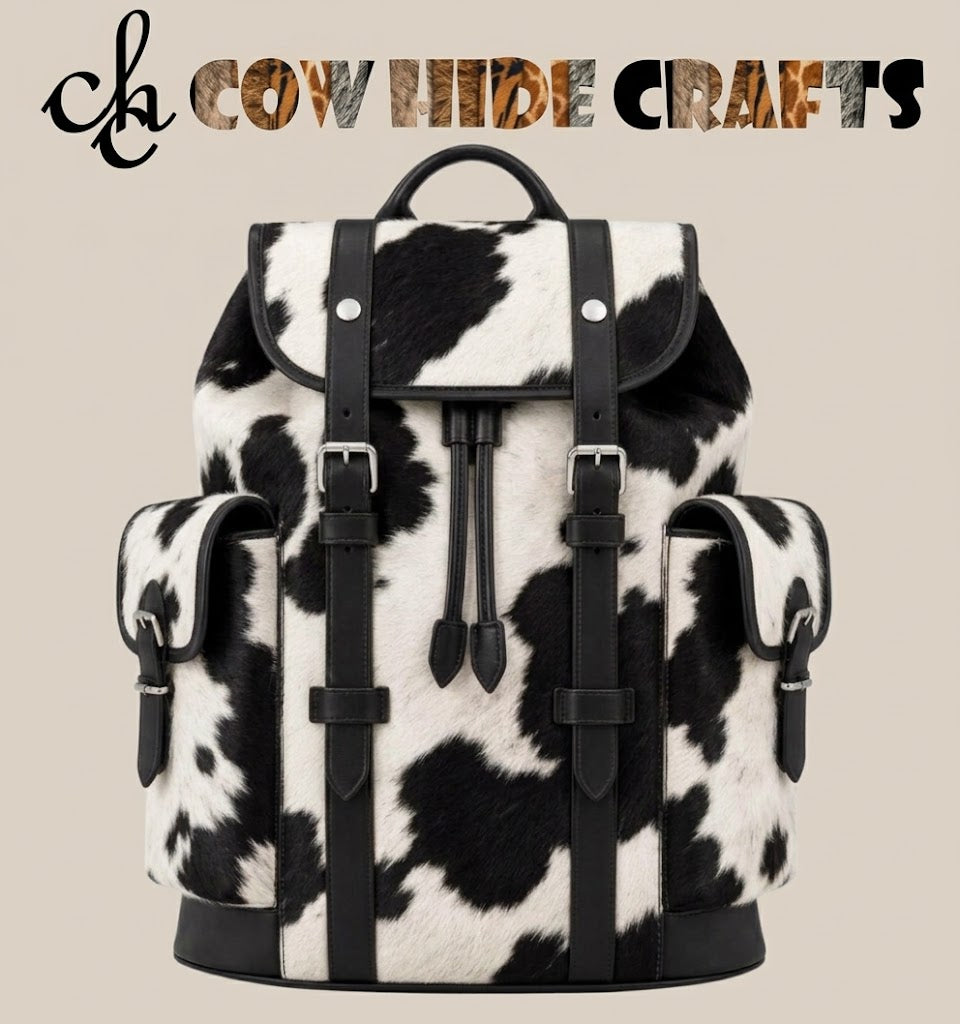 Black and white cowhide rucksack backpack front view