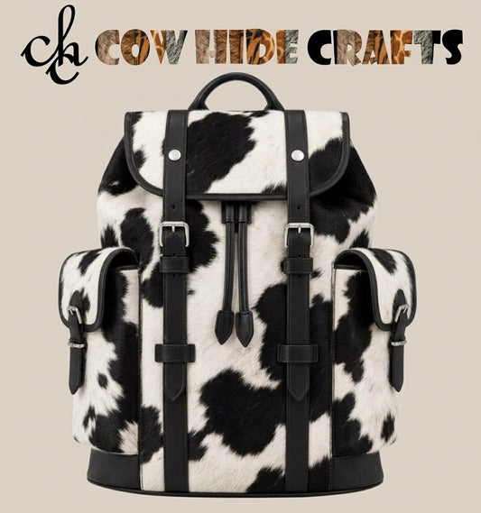 Black and white cowhide rucksack backpack front view