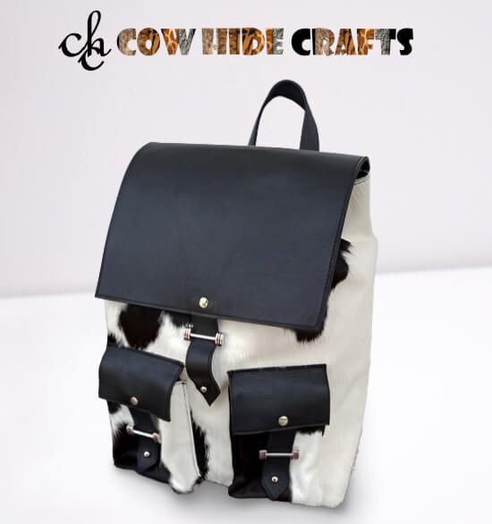 Black white cowhide school backpack flap drawstring