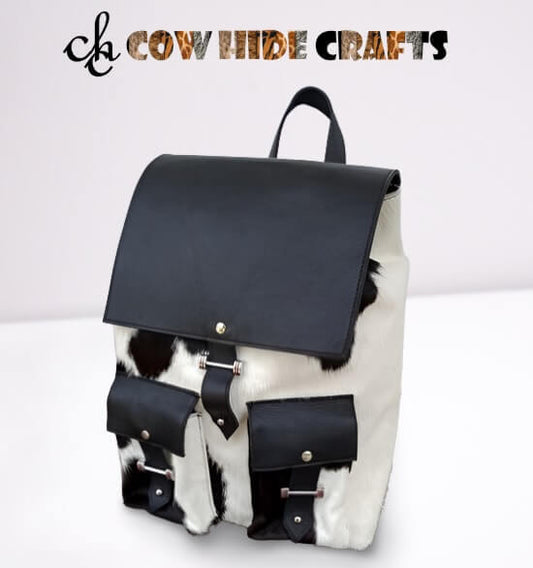Black white cowhide school backpack flap drawstring