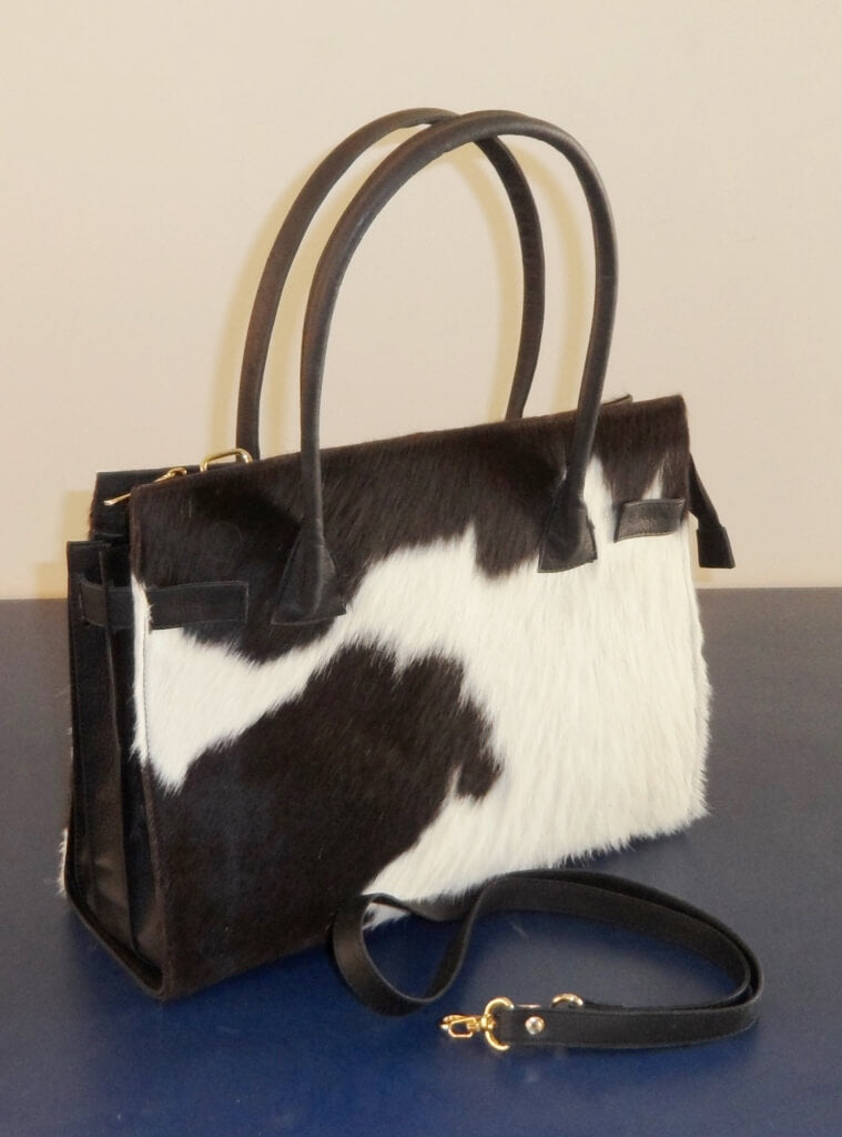 Black white cowhide shoulder bag dual handle