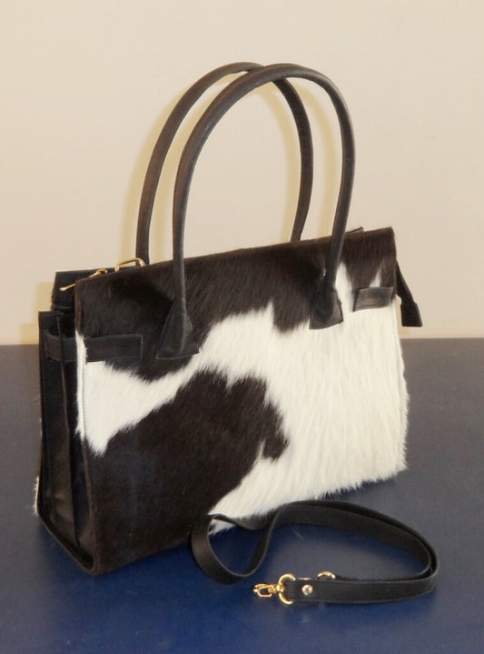 Black white cowhide shoulder bag dual handle
