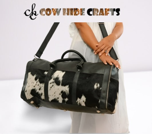 Black white cowhide suit carrier duffle front view