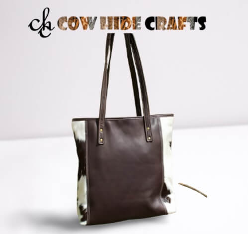 Black white cowhide tote dual long handles