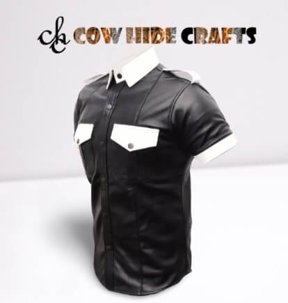 Black and white leather short sleeve military shirt