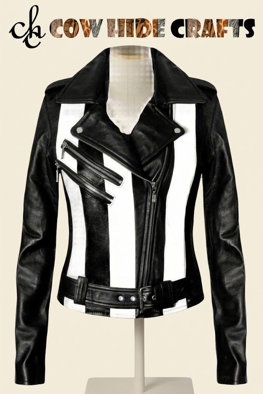 Black and white striped asymmetrical moto jacket front view