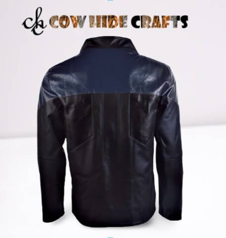 Blue and black leather combination detail on Picard jacket