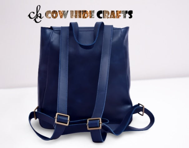 Blue leather backpack adjustable straps