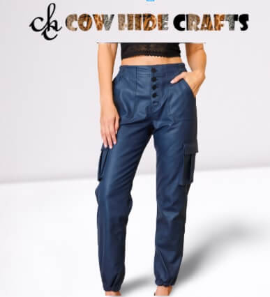 Women's blue sheepskin utility cargo leather pants front view
