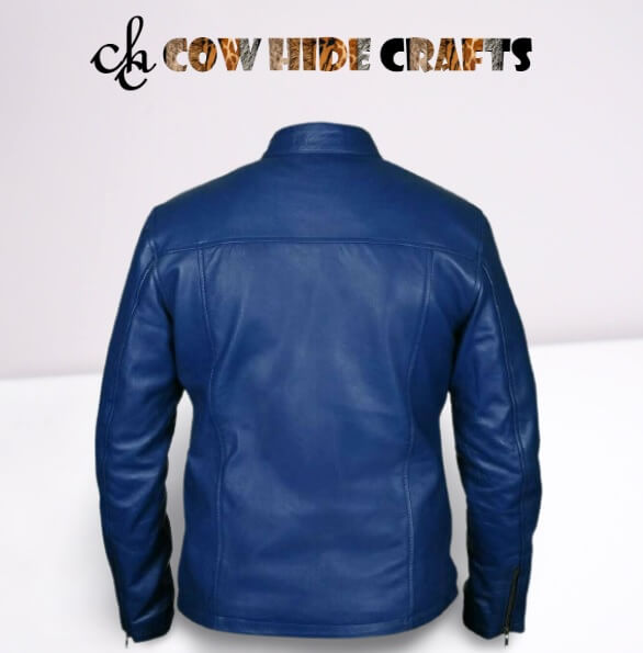 Blue leather motorcycle style jacket with button collar