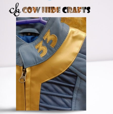 Blue and mustard character design detail on vault suit jacket
