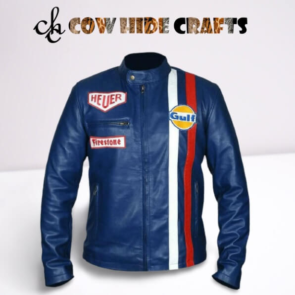 Blue leather jacket with red and white racing stripes lifestyle