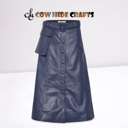 Blue sheepskin long length party leather skirt front view