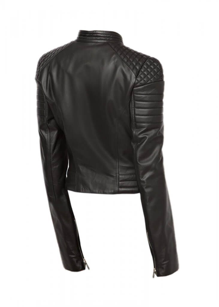 Women's black shoulder padded biker jacket styled for riding