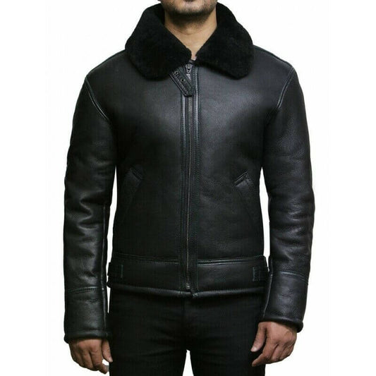 Men's bomber fur shearling jacket in genuine leather with faux fur collar – front view
