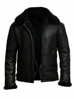 Fully lined interior of men's bomber fur shearling leather jacket for winter warmth