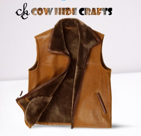 Durable & Stylish Outfit - Tan Leather Vest With Faux Fur Lining