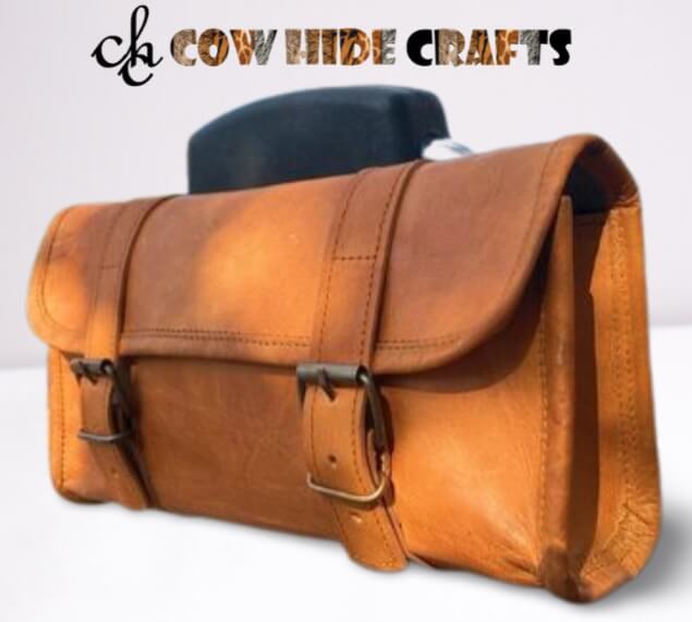 Box style leather pannier tan motorcycle