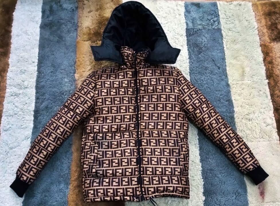 Branded brown puffer jacket with hood for winter