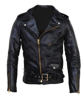 Bronze zipper accents on sleeves of black motorbike jacket