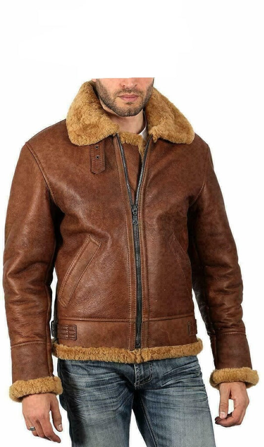 Brown biker jacket buckled fur collar