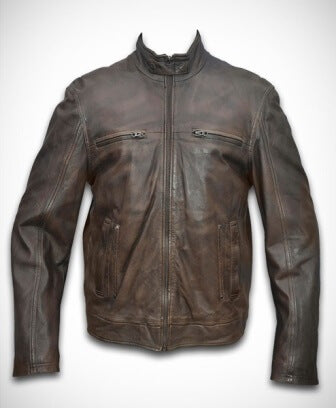 Men's brown biker leather jacket mock collar front