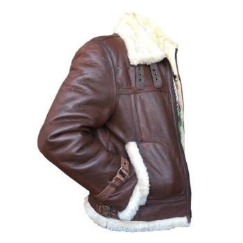Zipper and outside pockets on a brown bomber jacket