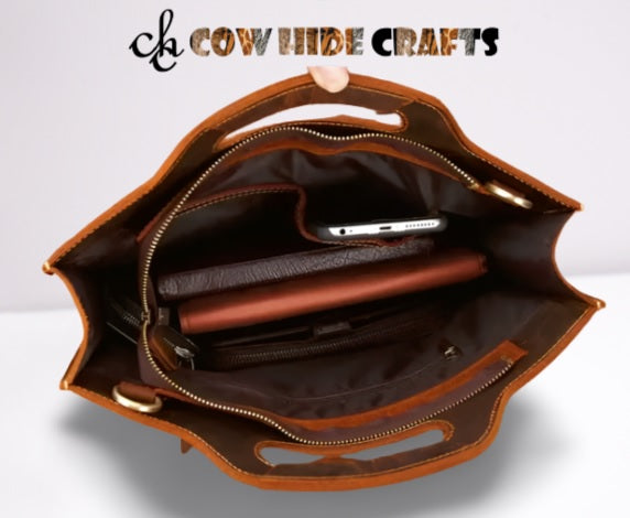 Brown briefcase bag organised interior