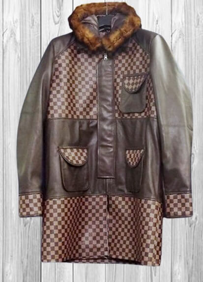 Brown long leather coat with checkered print and fur hood
