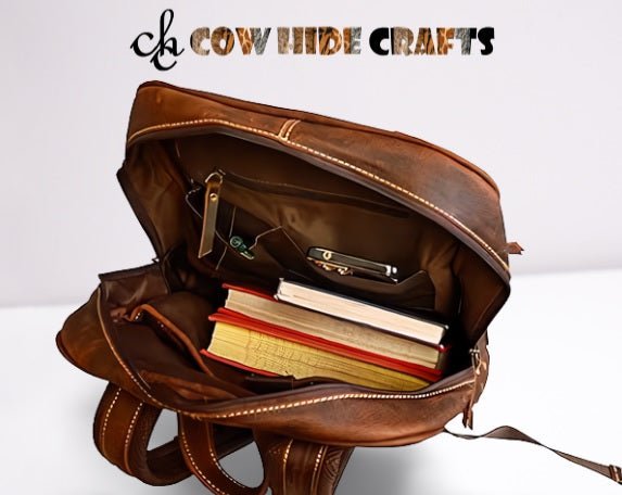 Brown cowhide backpack fully lined interior