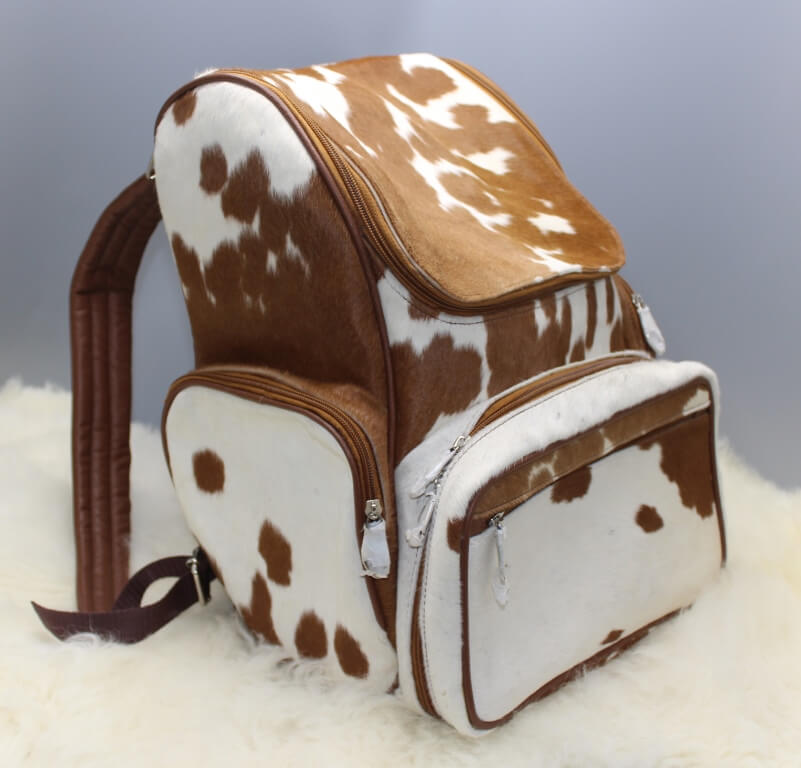 Brown cowhide backpack tan white hair on