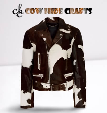 Brown and white hair on cowhide biker jacket