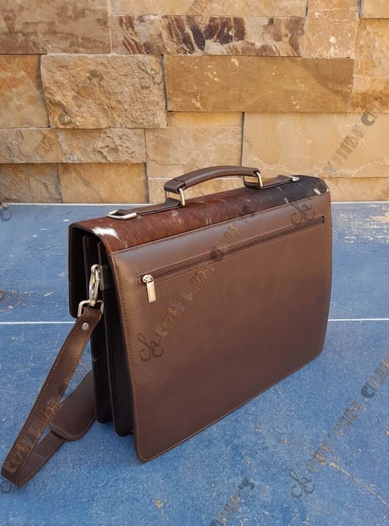 Brown cowhide briefcase backside zipper pocket