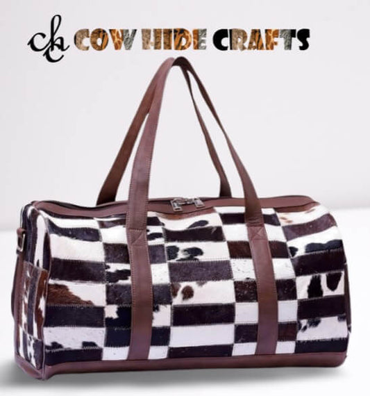 Brown cowhide patchwork duffle horizontal patches