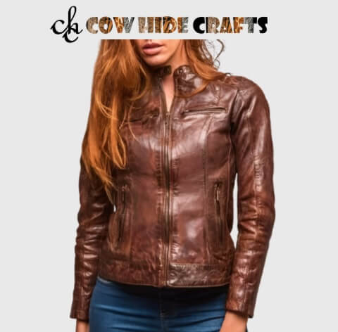 Women's brown distressed waxed sheepskin leather jacket front view