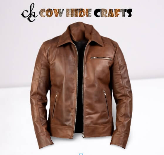 Men's brown glossy shiny sheepskin leather jacket front 