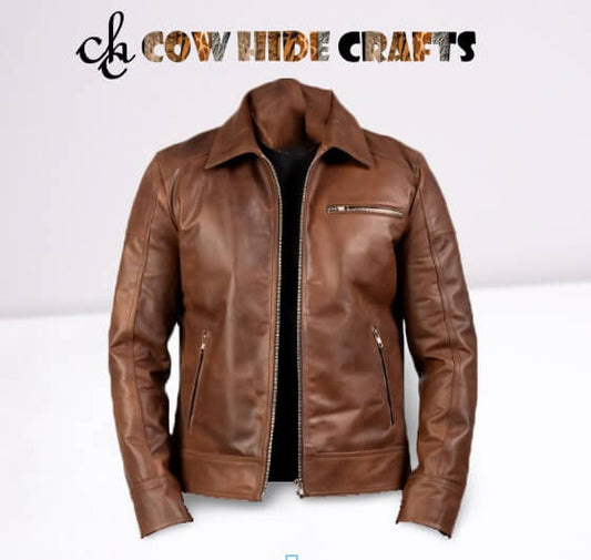 Men's brown glossy shiny sheepskin leather jacket front 