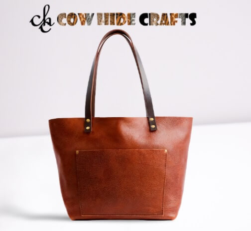 Brown grain leather tote front open pocket