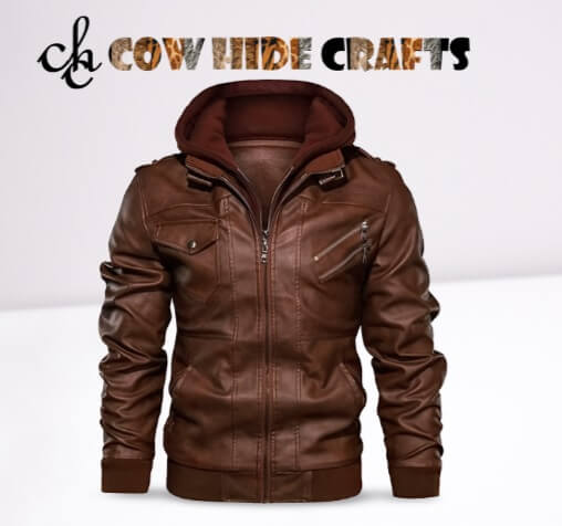 Men's brown hooded bomber leather jacket double zip