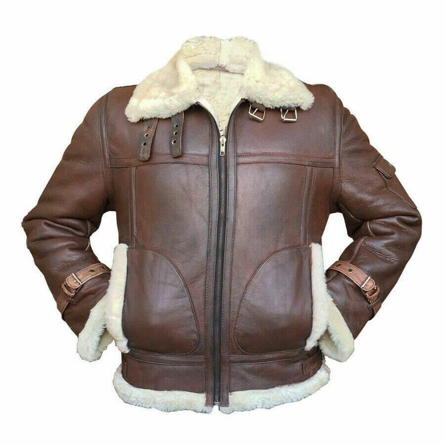 Brown leather bomber jacket with faux fur trim, front view