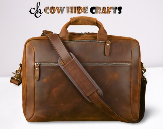 Brown leather briefcase bag front view