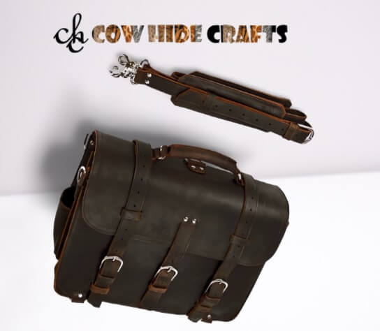 Brown leather briefcase messenger with long strap