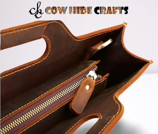 Brown leather briefcase sturdy top handles